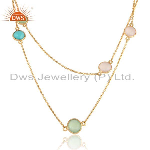 Yellow gold over silver necklace with aqua, prehnite and rose chalcedony