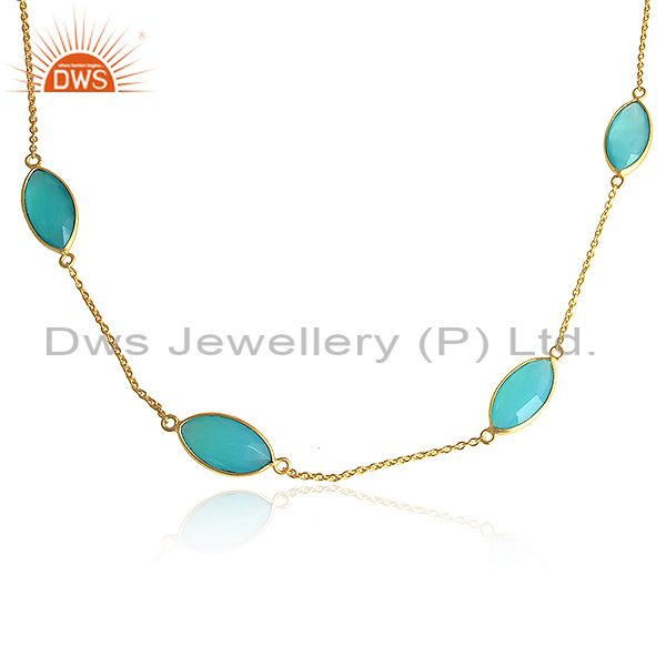 Exporter Aqua Chalcedony Gemstone Designer Gold Plated Silver Chain Necklaces