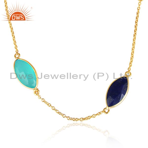 Lapis aqua chalcedony gemstone gold plated silver necklaces