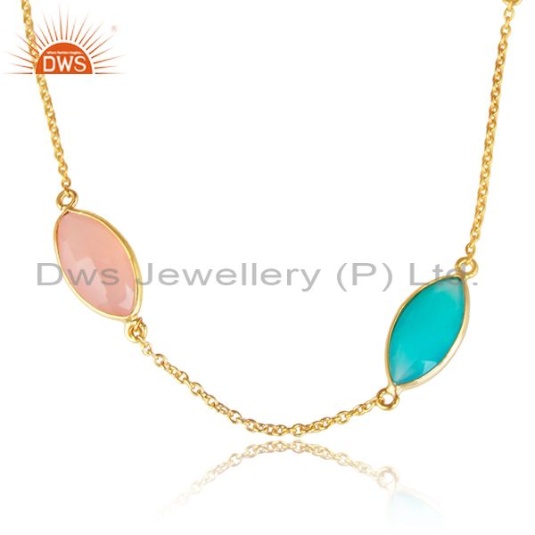 Aqua and rose chalcedony gemstone gold plated silver necklaces
