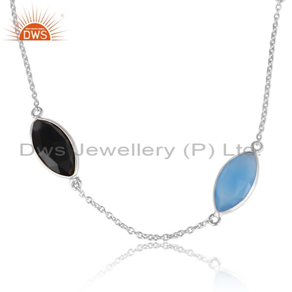 Blue chalcedony black onyx gemstone girls fine silver necklace