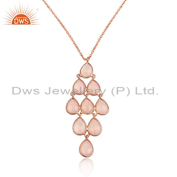 Exporter Designer Sterling Silver Natural Chalcedony Rose Gold Plated Pendant 17" Chain