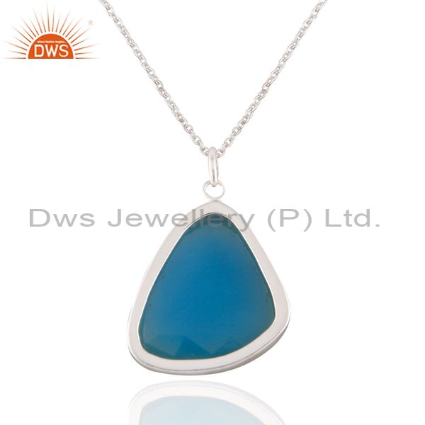 Suppliers 925 Solid Sterling Silver Aqua Chalcedony Gemstone Bezel Set Pendant With 16" Ch