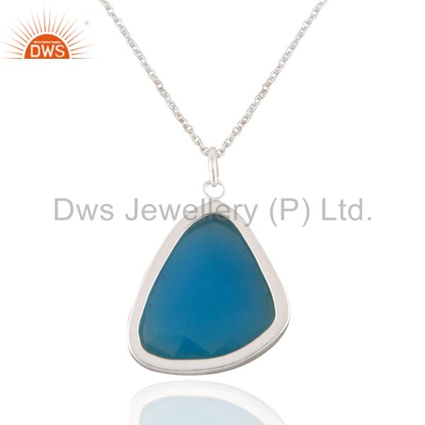 Exporter 925 Solid Sterling Silver Aqua Chalcedony Gemstone Bezel Set Pendant With 16" Ch