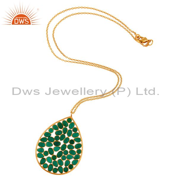 Exporter 18K Gold Plated Sterling Silver Green Onyx Gemstone Pendant With 16" Inch Chain