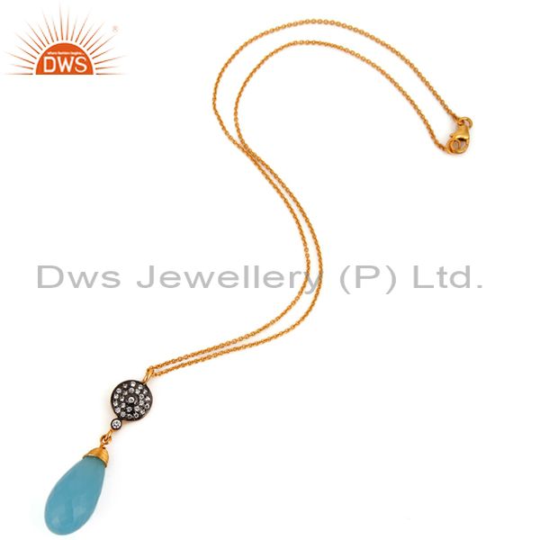 Exporter 18K Gold Plated Silver Aqua Blue Chalcedony Briolette Drop Pendant With Chain