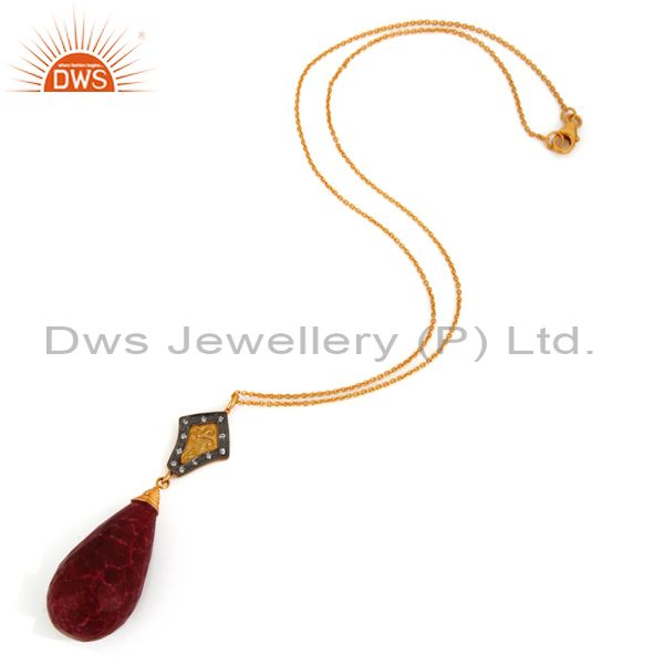 Exporter 18K Yellow Gold Plated Sterling Silver Dyed Ruby Gemstone Drop Pendant With Chai