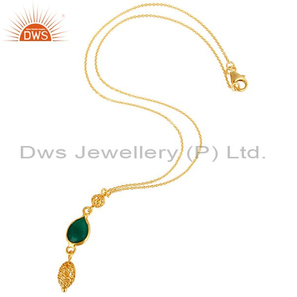 Exporter 18K Yellow Gold Plated Sterling Silver Green Onyx Gemstone Pendant With Chain