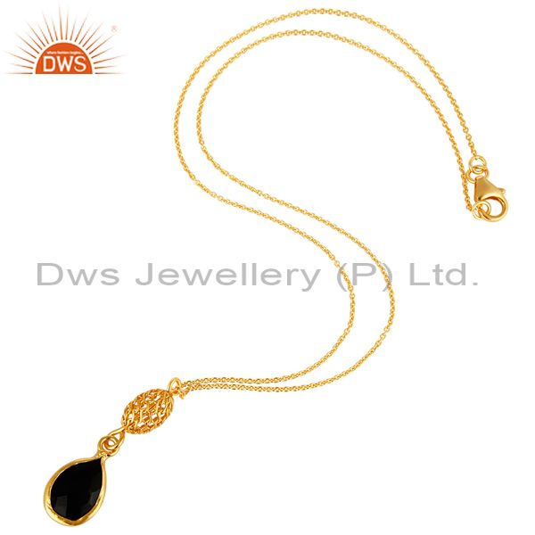 Exporter 18K Yellow Gold Plated Sterling Silver Black Onyx Gemstone Drop Pendant Necklace