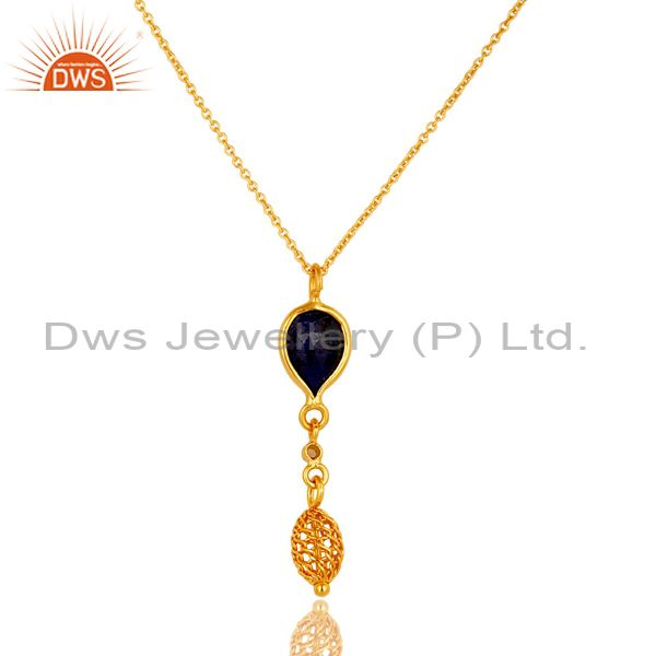 Exporter 14K Gold Plated Sterling Silver Blue Sapphire And White Topaz Pendant With Chain