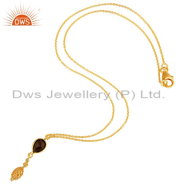 Exporter 18K Gold Plated Sterling Silver CZ & Smoky Quartz Gemstone Pendant With Chain