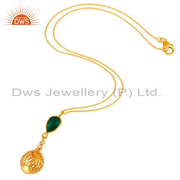 Exporter 14K Gold Plated Sterling Silver Green Onyx And White Topaz Pendant With Chain