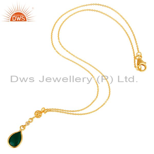 Exporter Green Onyx And White Topaz Pendant Necklace In 18K Gold On Sterling Silver