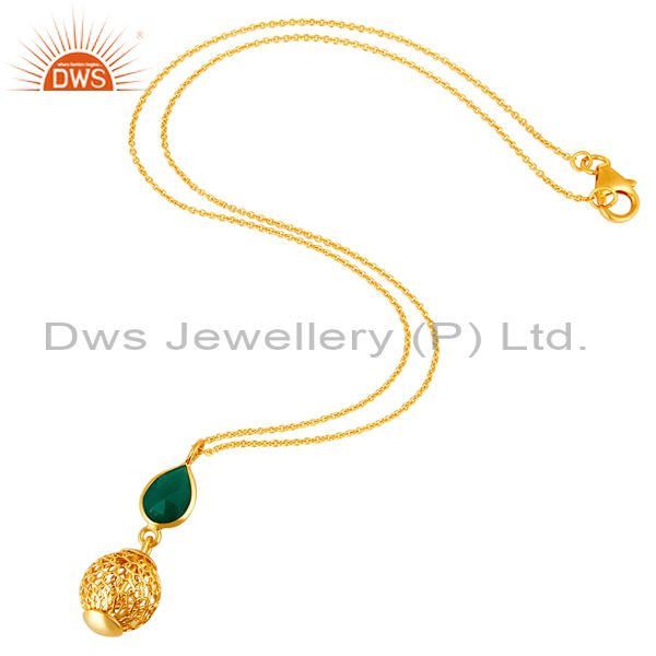 Exporter 18K Gold Plated Green Onyx Handmade Sterling Silver Pendant With Chain