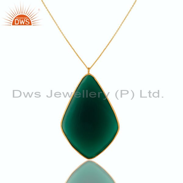 Exporter 18K Gold Plated Sterling Silver Faceted Green Onyx Bezel Set Pendant With Chain