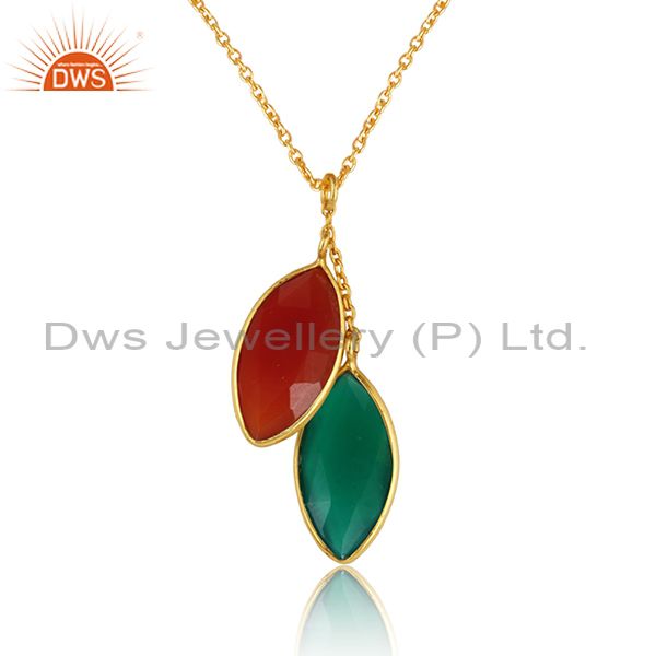 Green and red onyx gemstone gold plated silver chain pendants