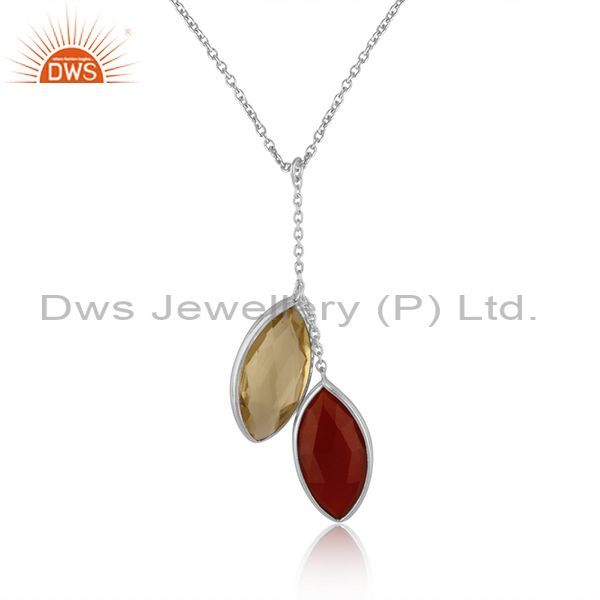 Handmade necklace in silver with glossy lemon topaz and red onyx