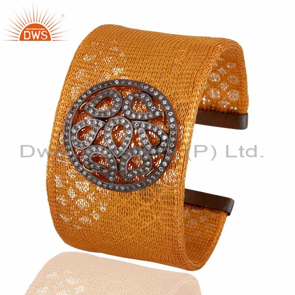 Exporter Indian 925 Sterling SIlver 18k Gold Plated Mesh Cuff Bracelets With White Zircon