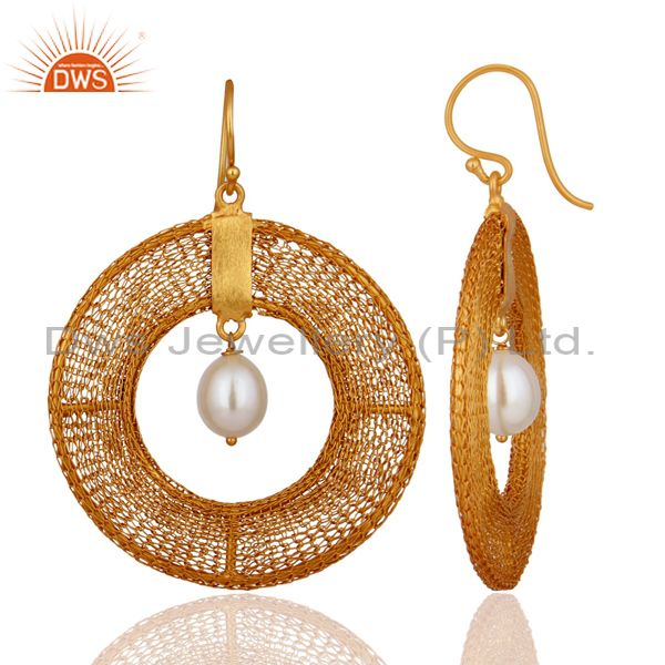Exporter 925 Sterling Silver 18K Gold Plated Wire Mesh Natural Pearl Dangle Hook Earrings