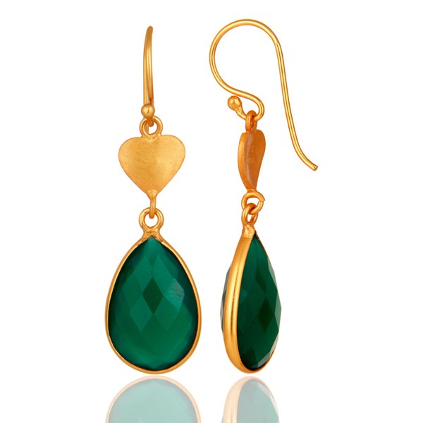 Suppliers 18K Yellow Gold Over Sterling Silver Green Onyx Faceted Drop Earrings