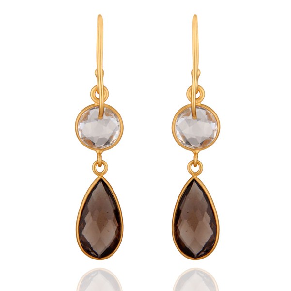 Suppliers 18K Yellow Gold Plated Silver Crystal Quartz And Smoky Quartz Drop Earrings