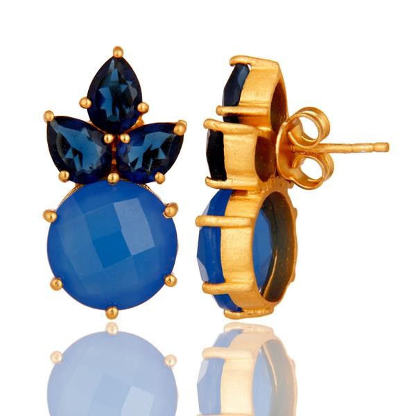 Suppliers 18K Yellow Gold Plated Sterling Silver Blue Chalcedony Corundum Stud Earrings