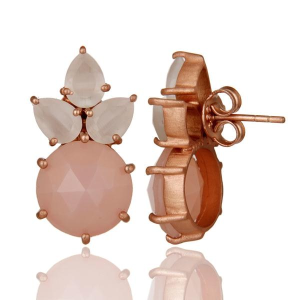 Suppliers 18K Rose Gold Plated Silver White Moonstone And Rose Chalcedony Stud Earrings