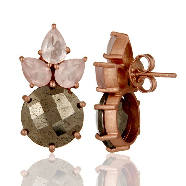 Suppliers 18K Rose Gold Plated Sterling Silver Pyrite And Rose Quartz Post Stud Earrings