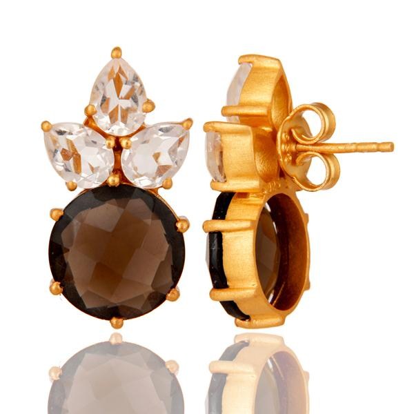 Suppliers Gold Plated Sterling Silver Crystal Quartz And Smoky Quartz Post Stud Earring