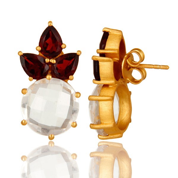 Suppliers 14K Yellow Gold Plated Sterling Silver Garnet And Crystal Quartz Stud Earrings