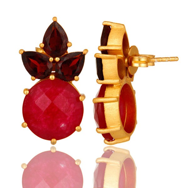 Suppliers 18K Gold Plated Sterling Silver Garnet And Red Aventurine Post Stud Earrings
