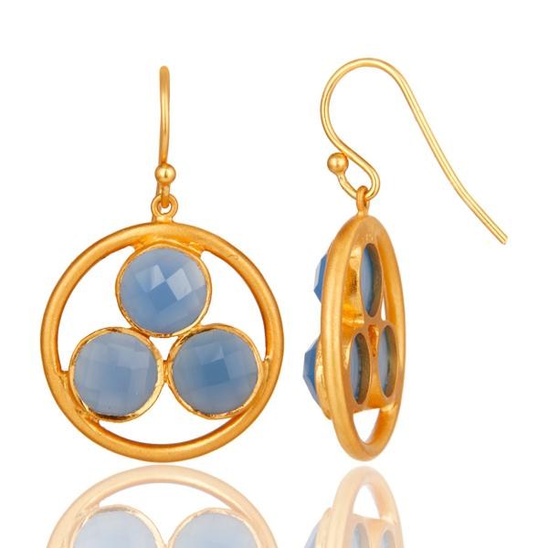 Suppliers Handmade 18k Gold Plated Silver Blue Chalcedony Gemstone Circle Dangle Earrings