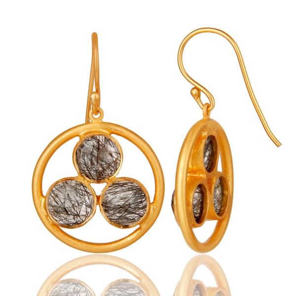 Suppliers Artisan 18k Gold Plated Silver Black Rutile Gemstone Circle Dangle Earrings