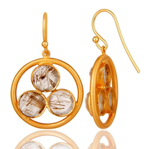 Suppliers 18k Gold Plated Sterling Silver Yellow Rutile Gemstone Circle Dangle Earrings