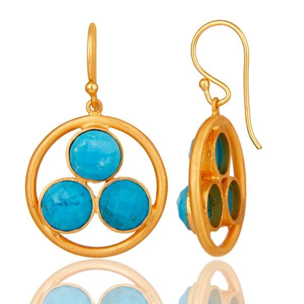 Suppliers 18k Yellow Gold Plated Solid Silver Turquoise Gemstone Circle Dangle Earrings