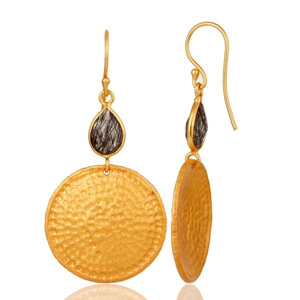 Suppliers 22K Gold Plated Sterling Silver Black Rutile Hammered Disc Dangle Earrings