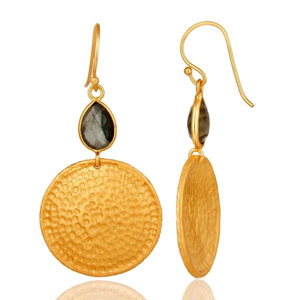 Suppliers 22K Gold Plated Sterling Silver Hammered Disc Dangle Earrings With Labradorite