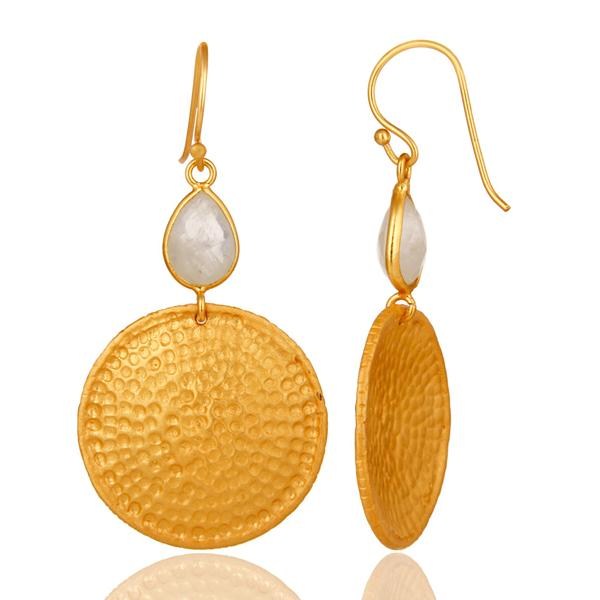 Suppliers 22K Gold Plated Sterling Silver Rainbow Moonstone Hammered Disc Dangle Earrings