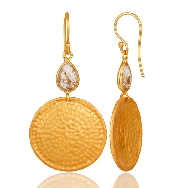 Suppliers 22K Gold Plated Sterling Silver Yellow Rutile Hammered Disc Dangle Earrings