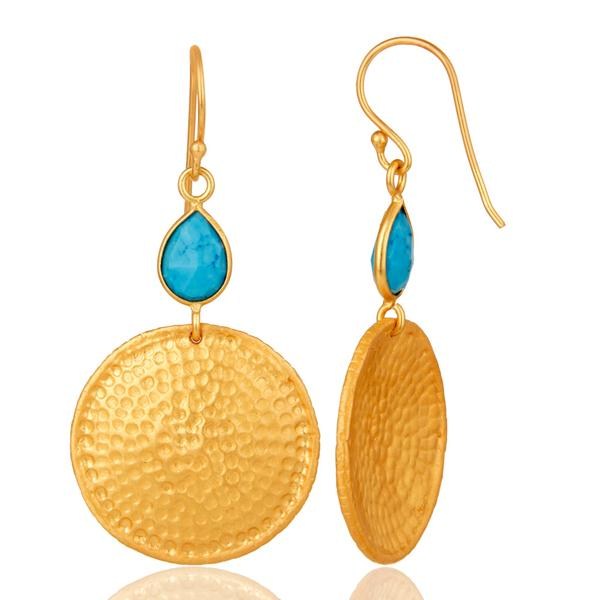 Suppliers 22K Gold Plated Sterling Silver Turquoise Disc Dangle Hammered Earrings
