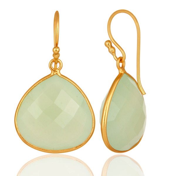Suppliers 18K Gold Plated Sterling Silver Bezel-Set Green Chalcedony Faceted Drop Earrings