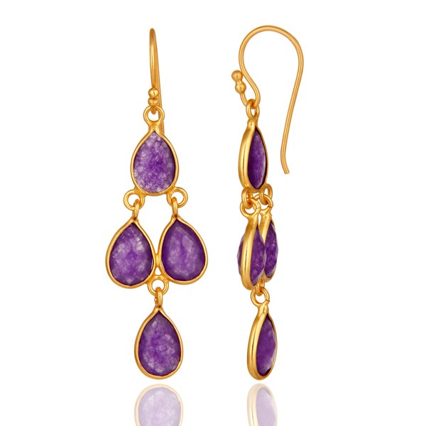 Suppliers 18K Gold Over Sterling Silver Purple Chalcedony Gemstone Chandelier Earrings