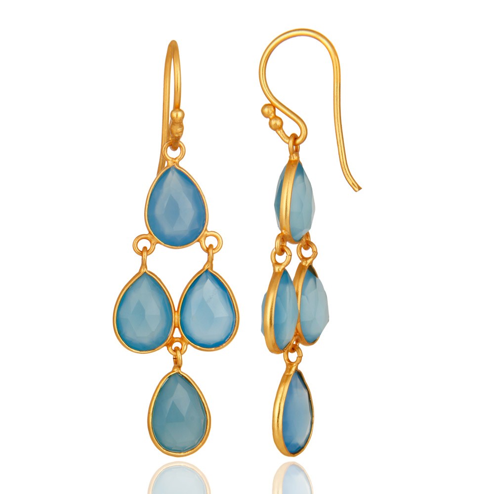 Suppliers Faceted Dyed Blue Chalcedony Gemstone Dangle Earrings In 18K Gold On Silver