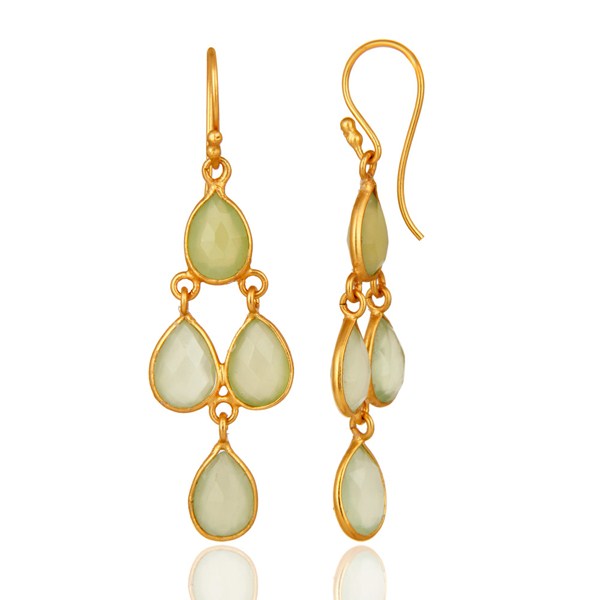 Suppliers Gold Plated Sterling Silver Green Chalcedony Gemstone Chandelier Earrings