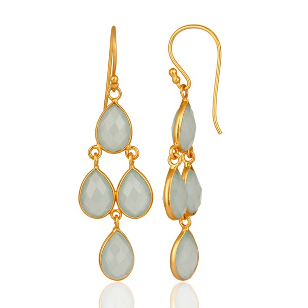 Suppliers Faceted Dyed Blue Chalcedony Bezel-Set Chandelier Earrings - Gold Plated Silver