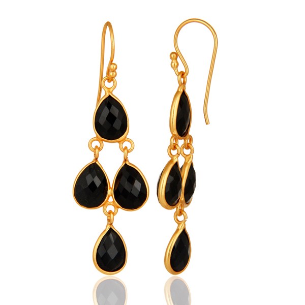 Suppliers Faceted Black Onyx Gemstone Sterling Silver Dangle Earrings - Gold Plated