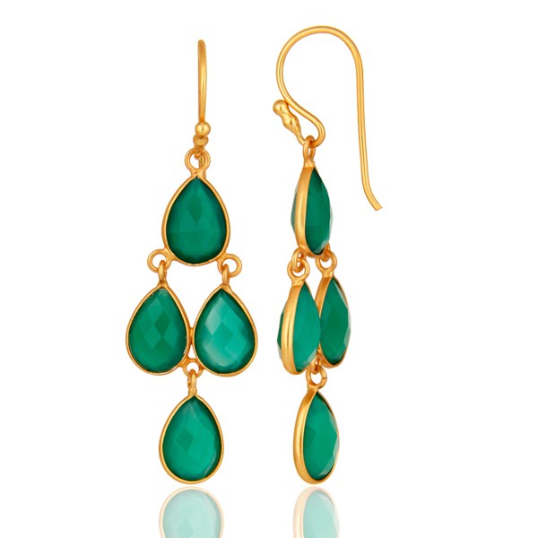 Suppliers Gold Plated Sterling Silver Green Onyx Gemstone Designer Dangle Earrings