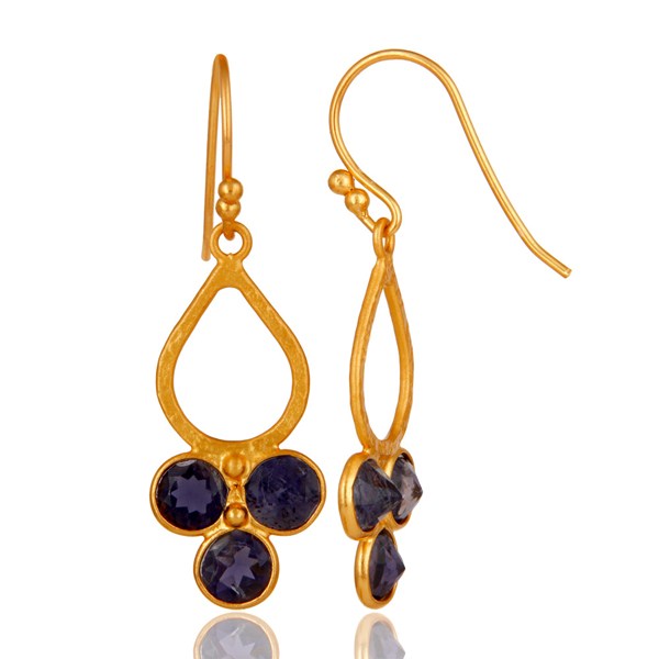 Suppliers 18K Gold Plated 925 Sterling Silver Handmade Iolite Dangle Earrings Jewelry