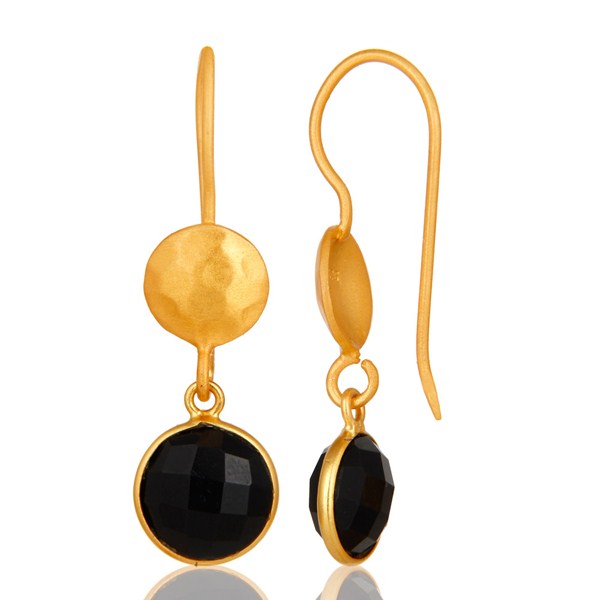 Suppliers 18K Yellow Gold Plated Sterling Silver Black Onyx Gemstone Dangle Earrings