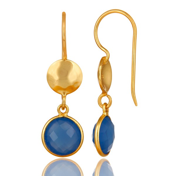 Suppliers 18K Yellow Gold Plated Sterling Silver Blue Chalcedony Disc Dangle Earrings